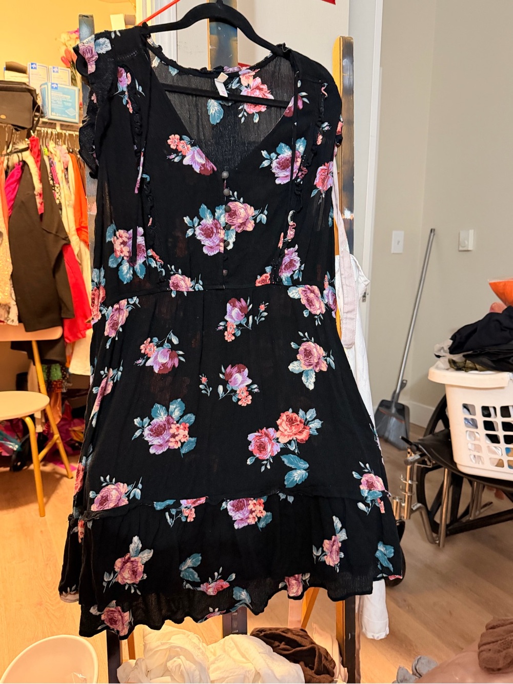 Kiara Black Floral Midi Dress with Pink and Teal Blooms